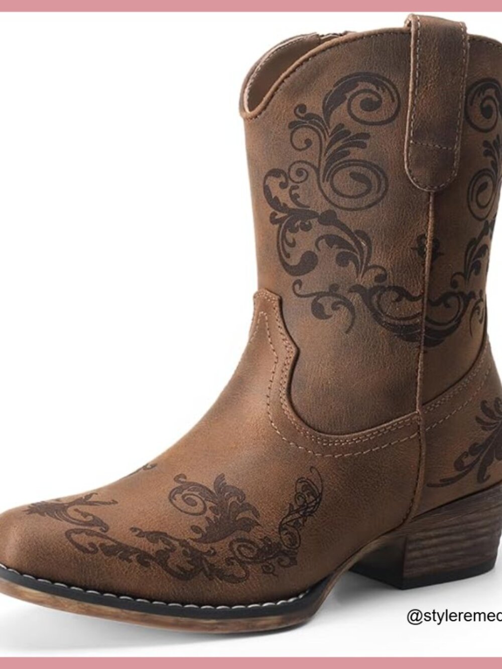 Women's Cowboy Ankle Boots Square Toe Chunky Heel Vegan Leather